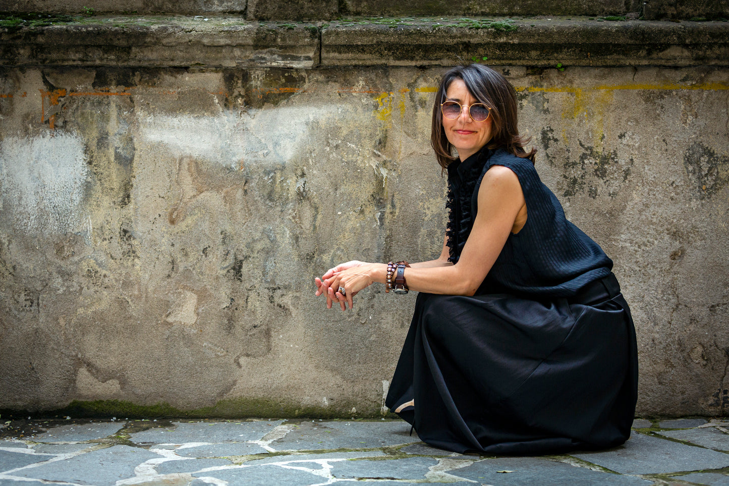 Black silk/striped shirt.