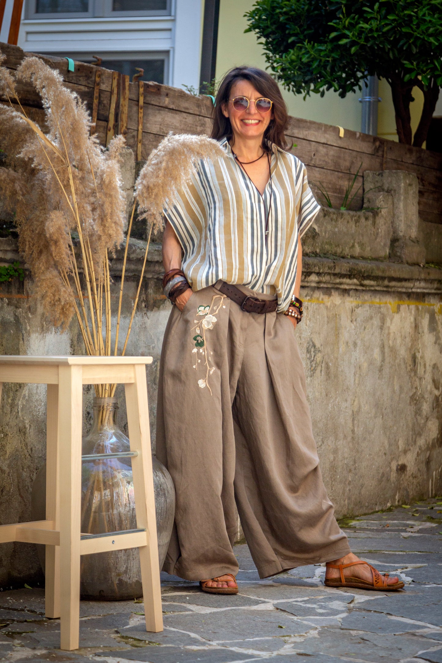 Linen trousers with embroidery. Beige color. Japan