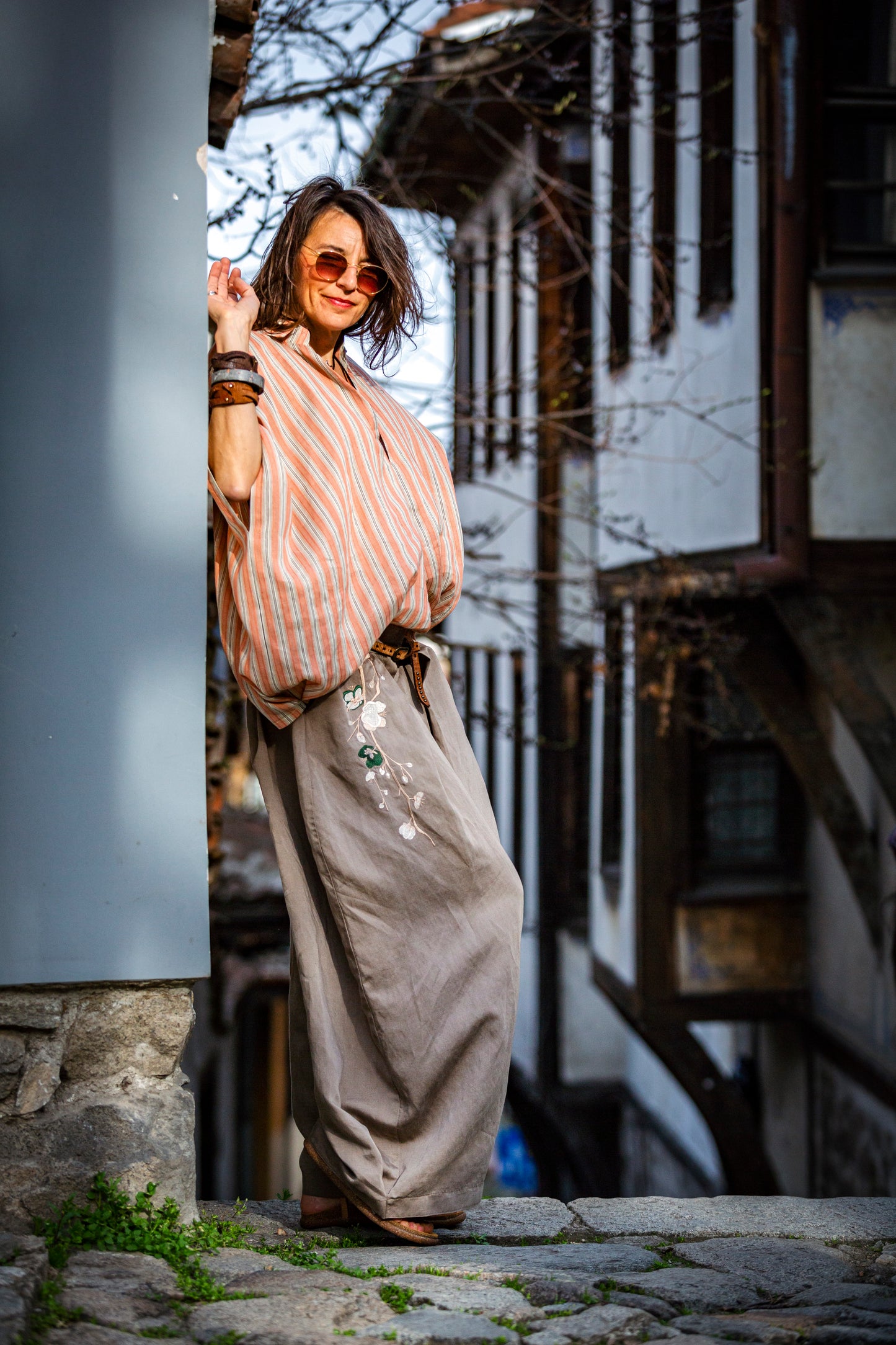 Kimono blouse, striped. Salmon color.