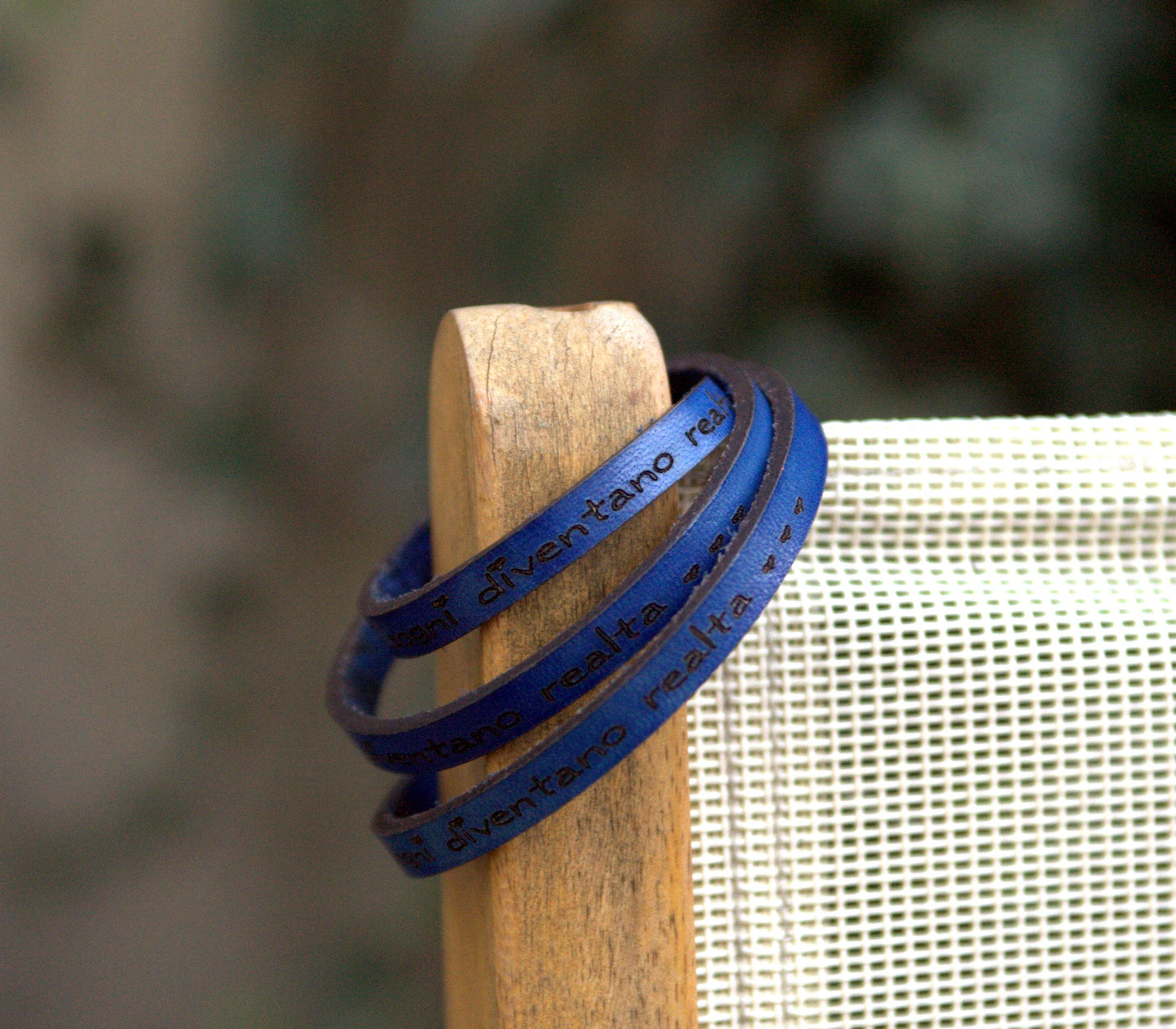 Women's bracelet made of genuine leather triple with a message, blue color 20