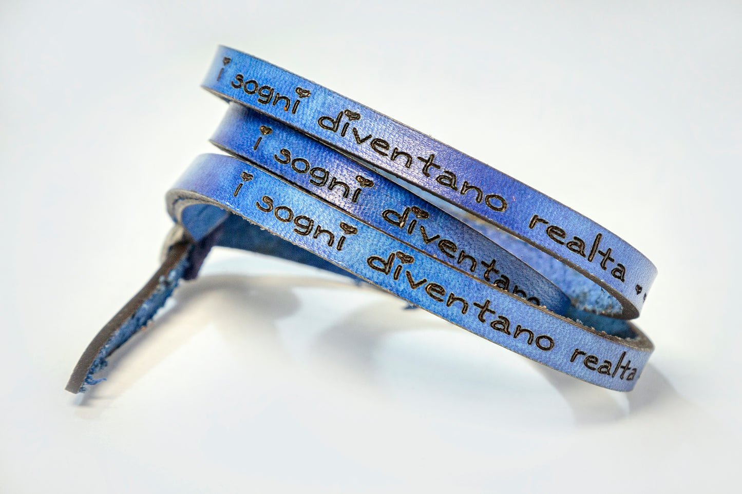 Women's bracelet made of genuine leather triple with a message, blue color 20