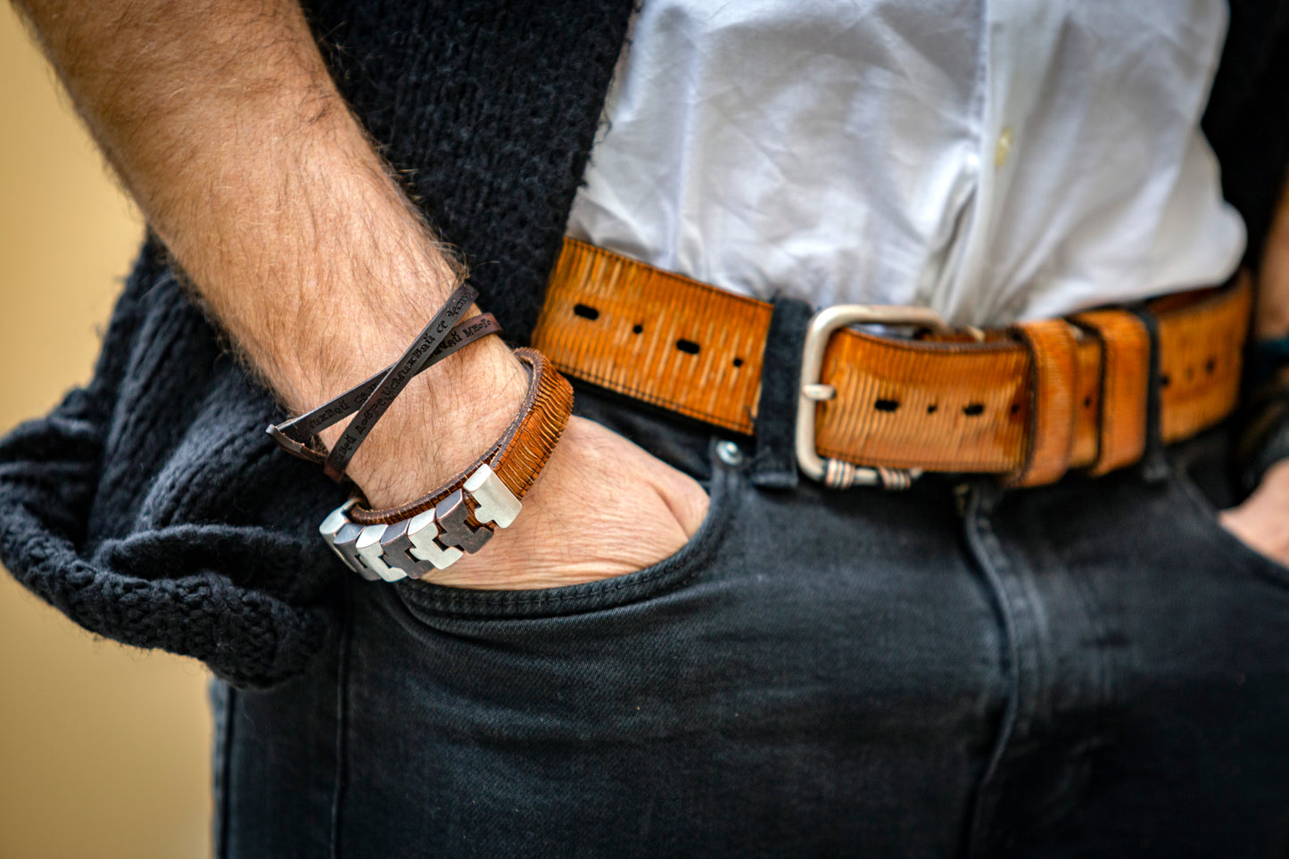 Unisex belt made of genuine calfskin - ocher color SAMOTHRAKI 