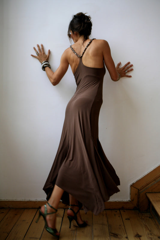 Brown elastic polyester dress. Model BRAID