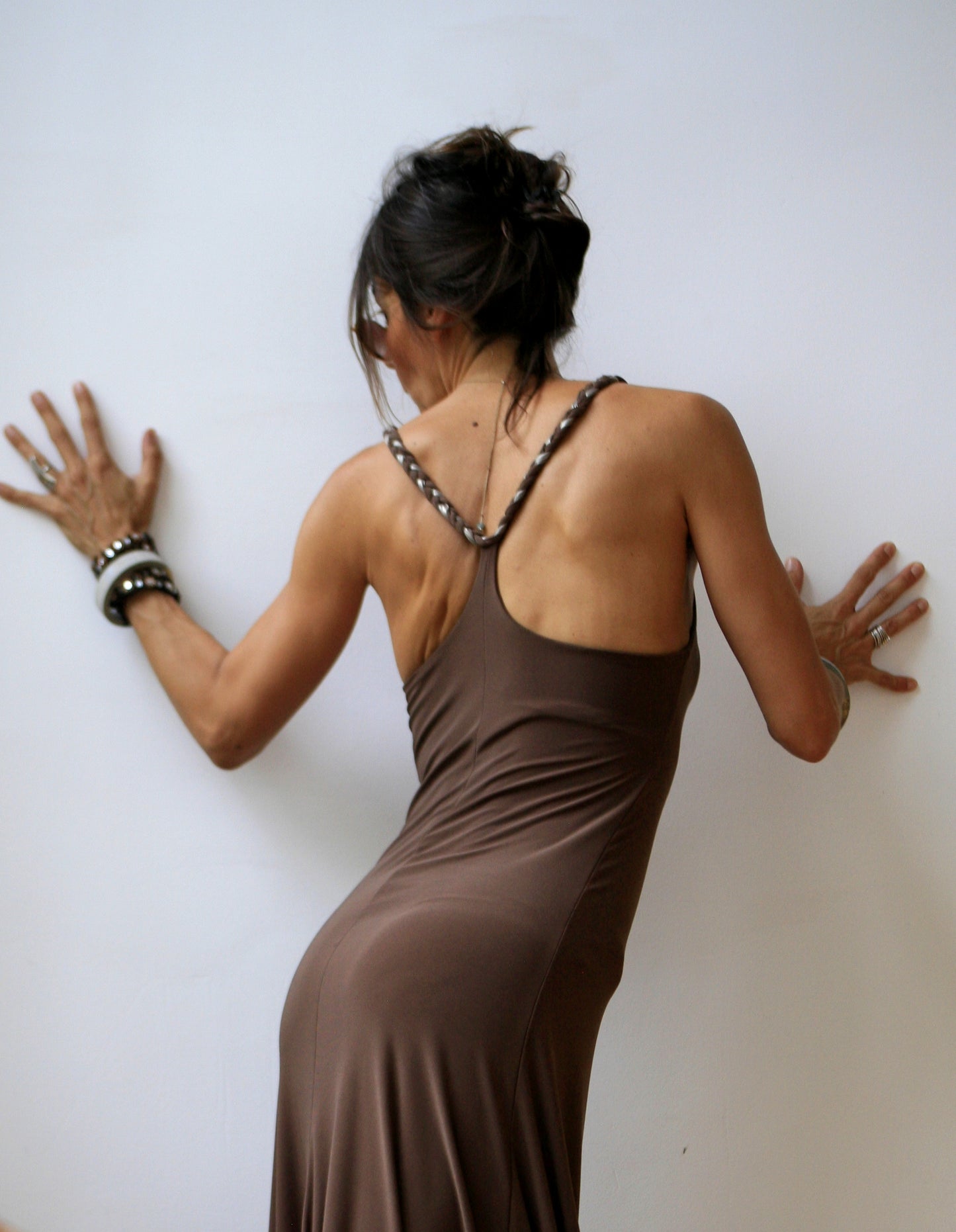 Brown elastic polyester dress. Model BRAID