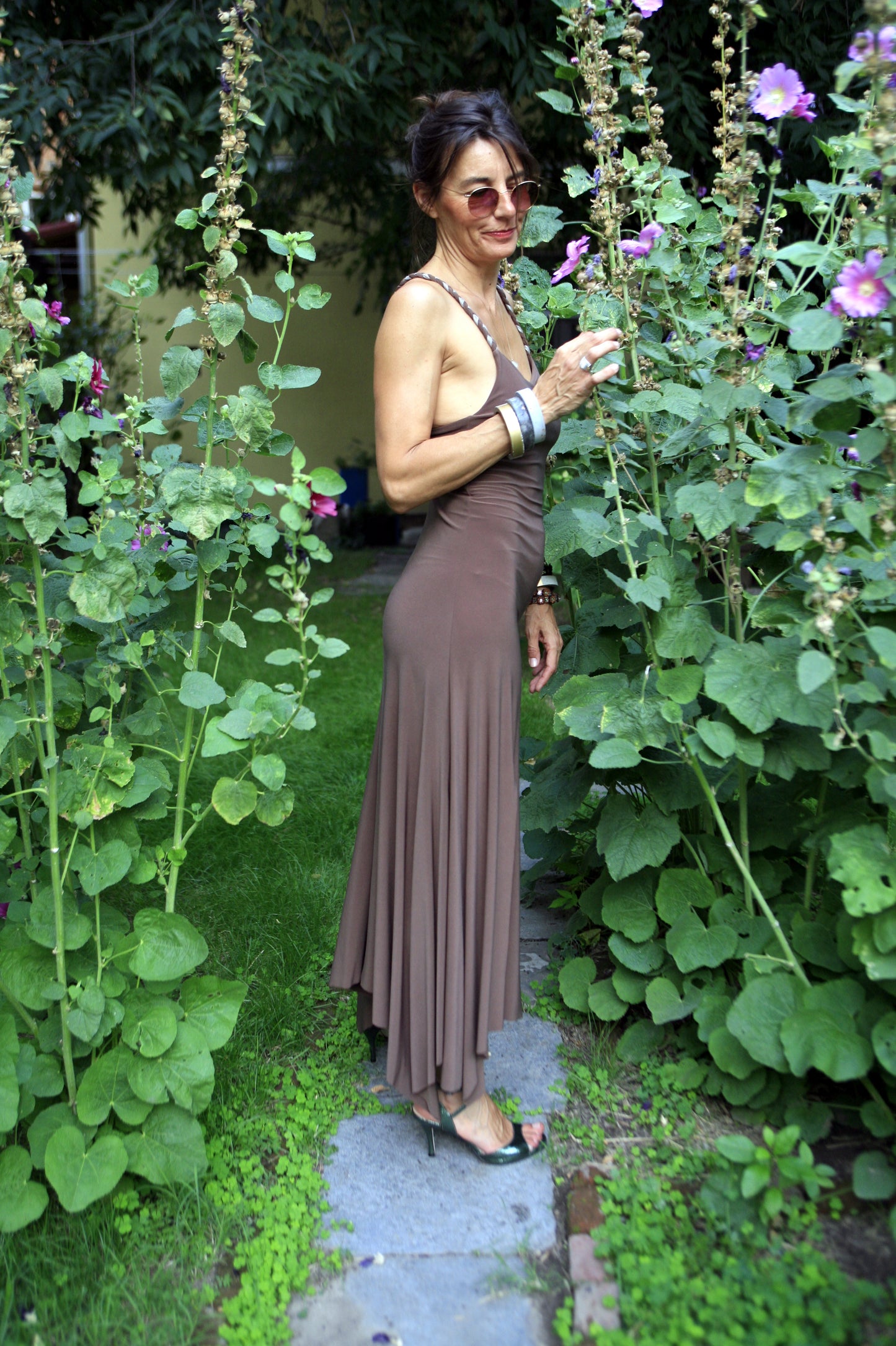Brown elastic polyester dress. Model BRAID