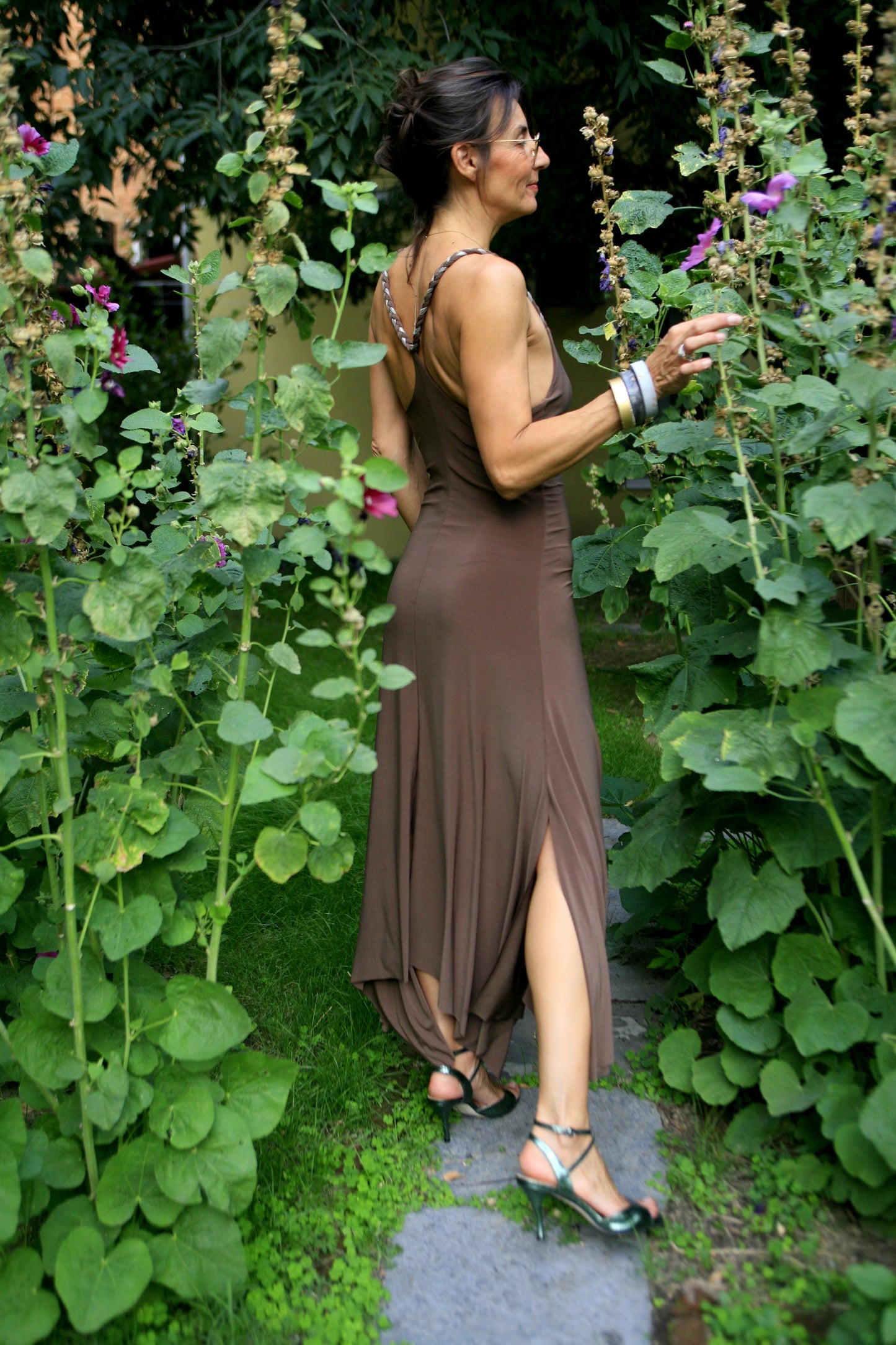 Brown elastic polyester dress. Model BRAID