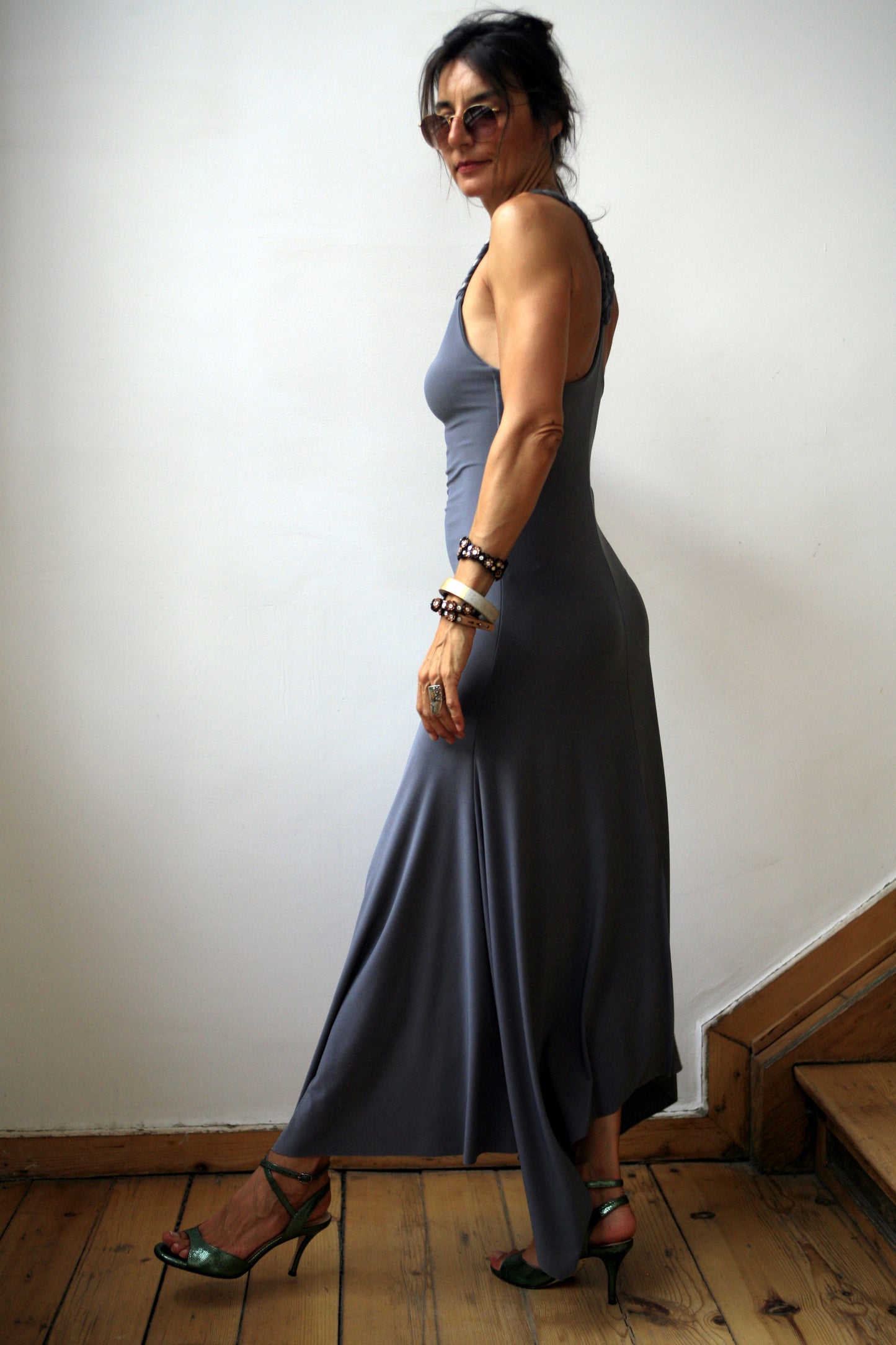 Gray elastic polyester dress. Model BRAID