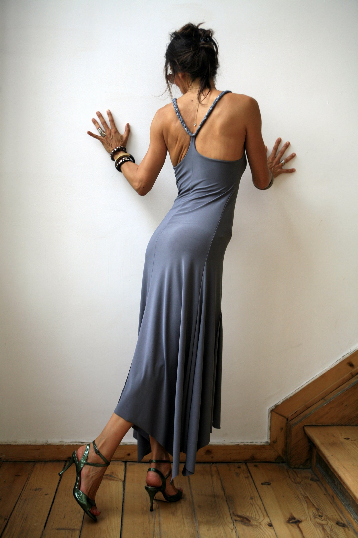 Gray elastic polyester dress. Model BRAID