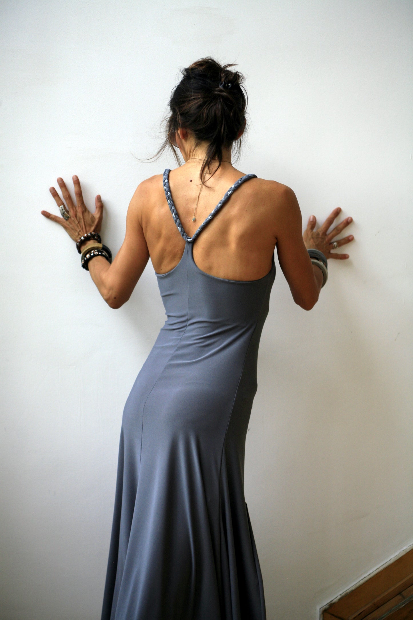 Gray elastic polyester dress. Model BRAID